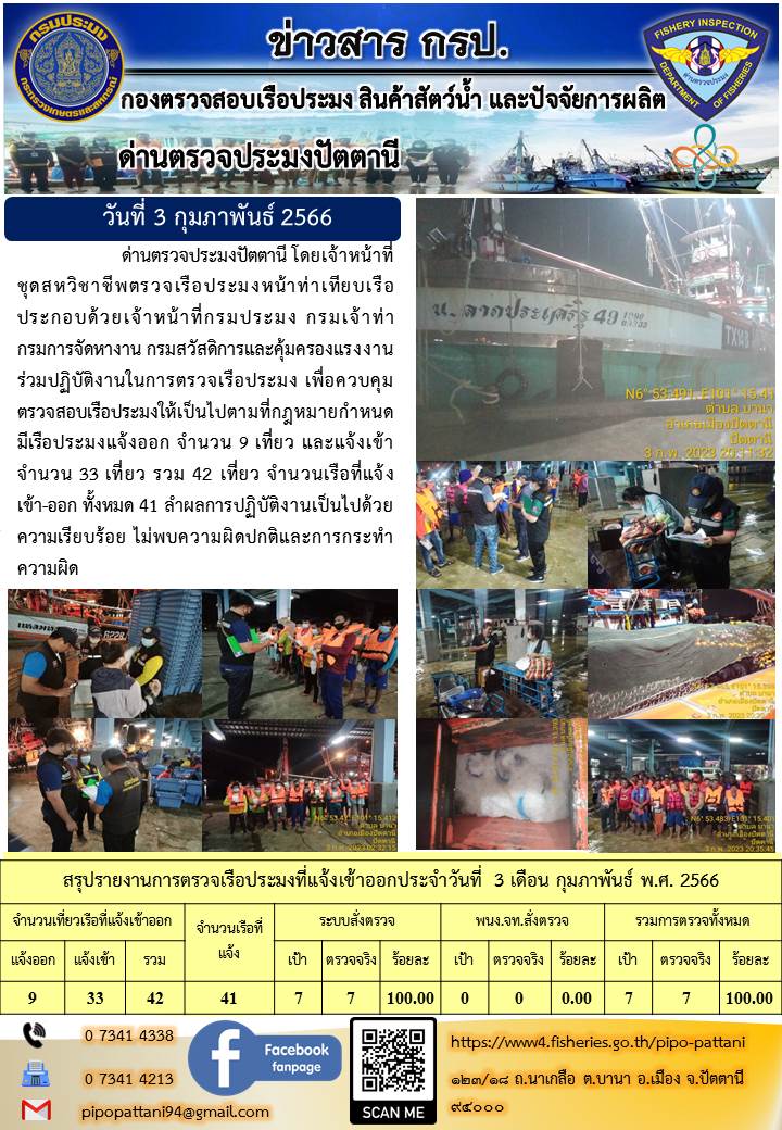 ข่าวสารการปฏิบัติงานด่านตรวจประมงปัตตานีวันที่ 3 กุมภาพันธ์ 2566