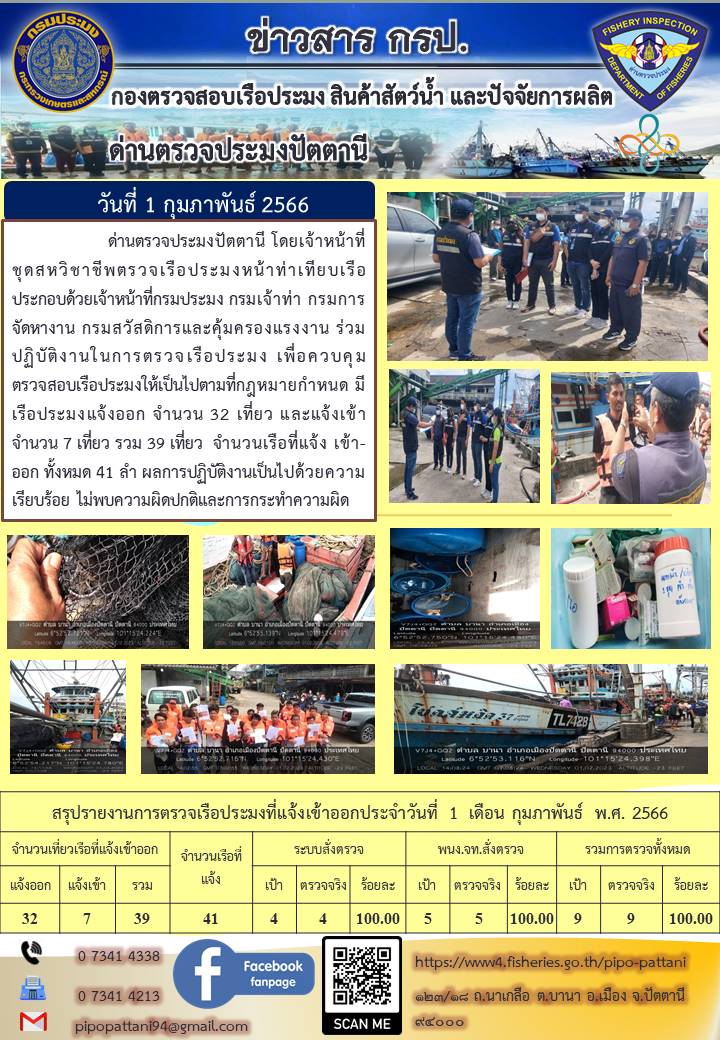 ข่าวสารการปฏิบัติงานด่านตรวจประมงปัตตานี วันที่ 1 กุมภาพันธ์ 2566