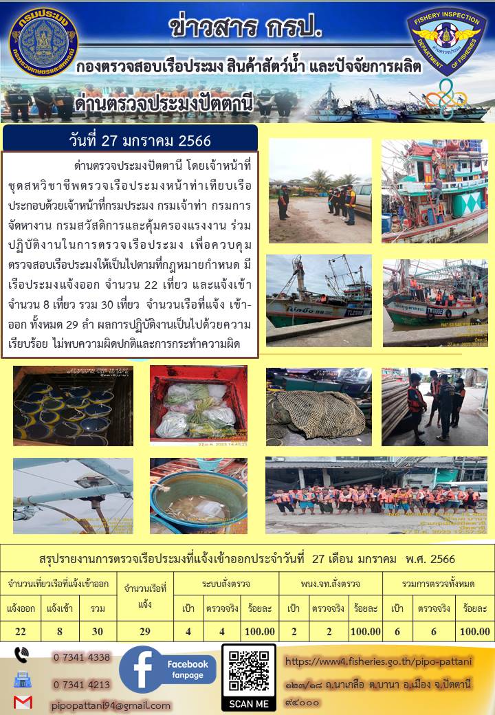 ข่าวสารการปฏิบัติงานด่านตรวจประมงปัตตานี วันที่ 27 มกราคม 2566