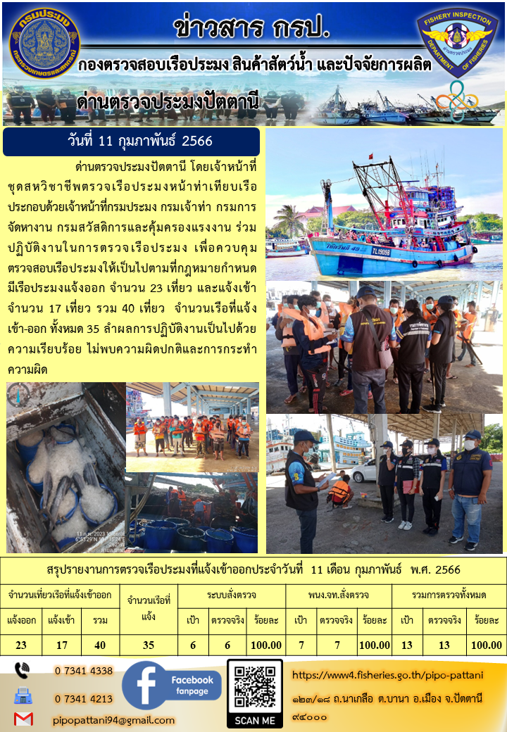 ข่าวสารการปฏิบัติงานด่านตรวจประมงปัตตานี วันที่ 11 กุมภาพันธ์ 2566