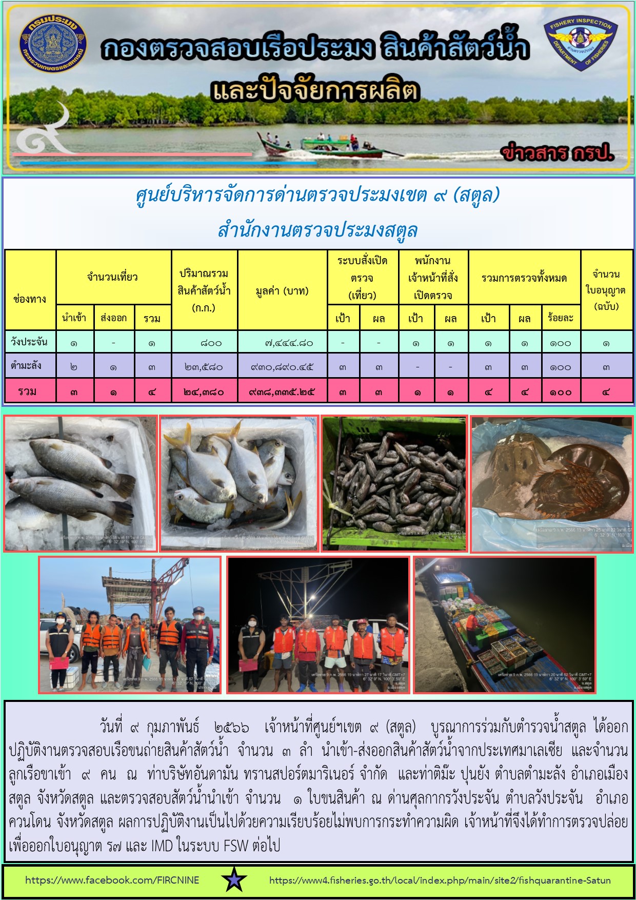 ประชาสัมพันธ์การปฏิบัติงานศูนย์บริหารจัดการด่านตรวจประมงเขต 9(สตูล) ประจำวันที่ 6-10 กุมภาพันธ์ 2566..คลิก