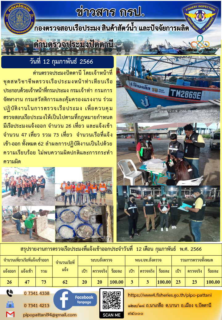 ข่าวสารการปฏิบัติงาน ด่านตรวจประมงปัตตานี 12 กุมภาพันธ์ 2566