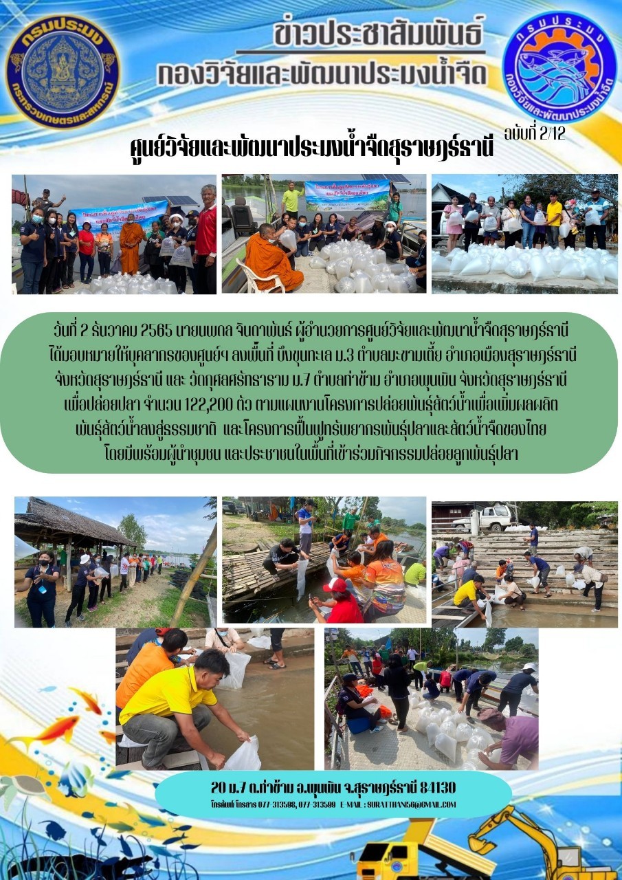 วันที่ 2 ธันวาคม 2565 ศูนย์วิจัยและพัฒนาประมงน้ำจืดสุราษฎร์ธานี ได้สนับสนุนพันธุ์ปลา จำนวน 122,200 ตัว เพื่อปล่อยตามแผนงานโครงการปล่อยพันธุ์สัตว์น้ำเพื่อเพิ่มผลผลิตพันธุ์สัตว์น้ำลงสู่ธรรมชาติ
