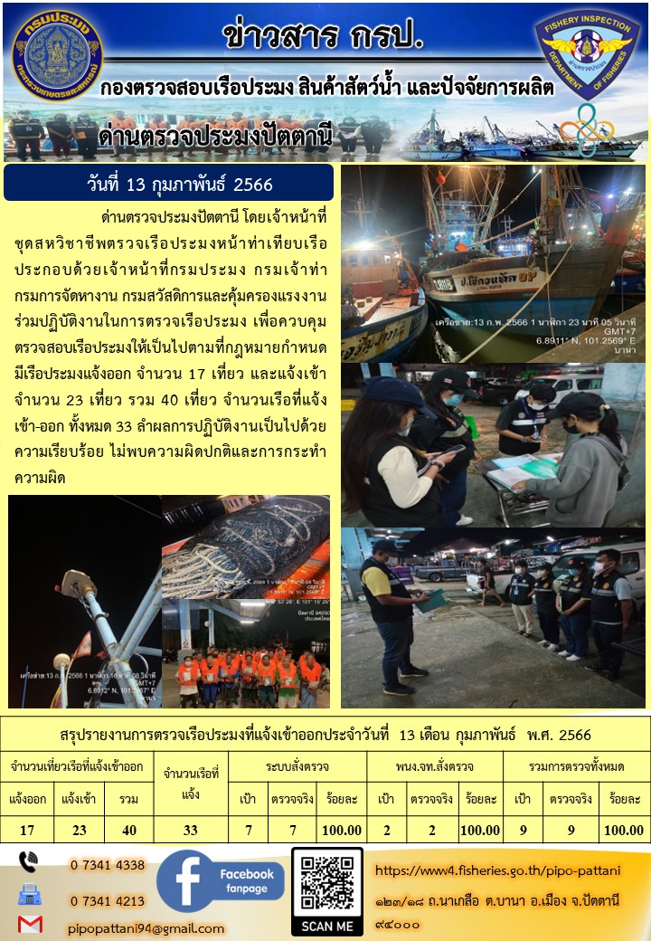 ข่าวสารการปฏิบัติงาน ด่านตรวจประมงปัตตานี วันที่13 กุมภาพันธ์ 66