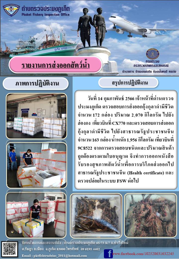 วันที่ 14 กุมภาพันธ์ 2566 เจ้าหน้าที่ด่านตรวจประมงภูเก็ต ตรวจสอบการส่งออกกุ้งกุลาดำมีชีวิต จำนวน 172 กล่อง ปริมาณ 2,070 กิโลกรัม ไปยังฮ่องกง เที่ยวบินที่ CX770 และตรวจสอบการส่งออกกุ้งกุลาดำมีชีวิต ไปยังสาธารณรัฐประชาชนจีน จำนวน 163 กล่อง น้ำหนัก 1,956 กิโลกรัม เที่ยวบินที่ 9C8522 จากการตรวจสอบชนิดและปริมาณสินค้าถูกต้องตรงตามใบอนุญาต จึงทำการออกหนังสือรับรองสุขภาพสัตว์น้ำเพื่อการบริโภคส่งออกไปสาธารณรัฐประชาชนจีน (Health certificate) และตรวจปล่อยในระบบ FSW ต่อไป..คลิก