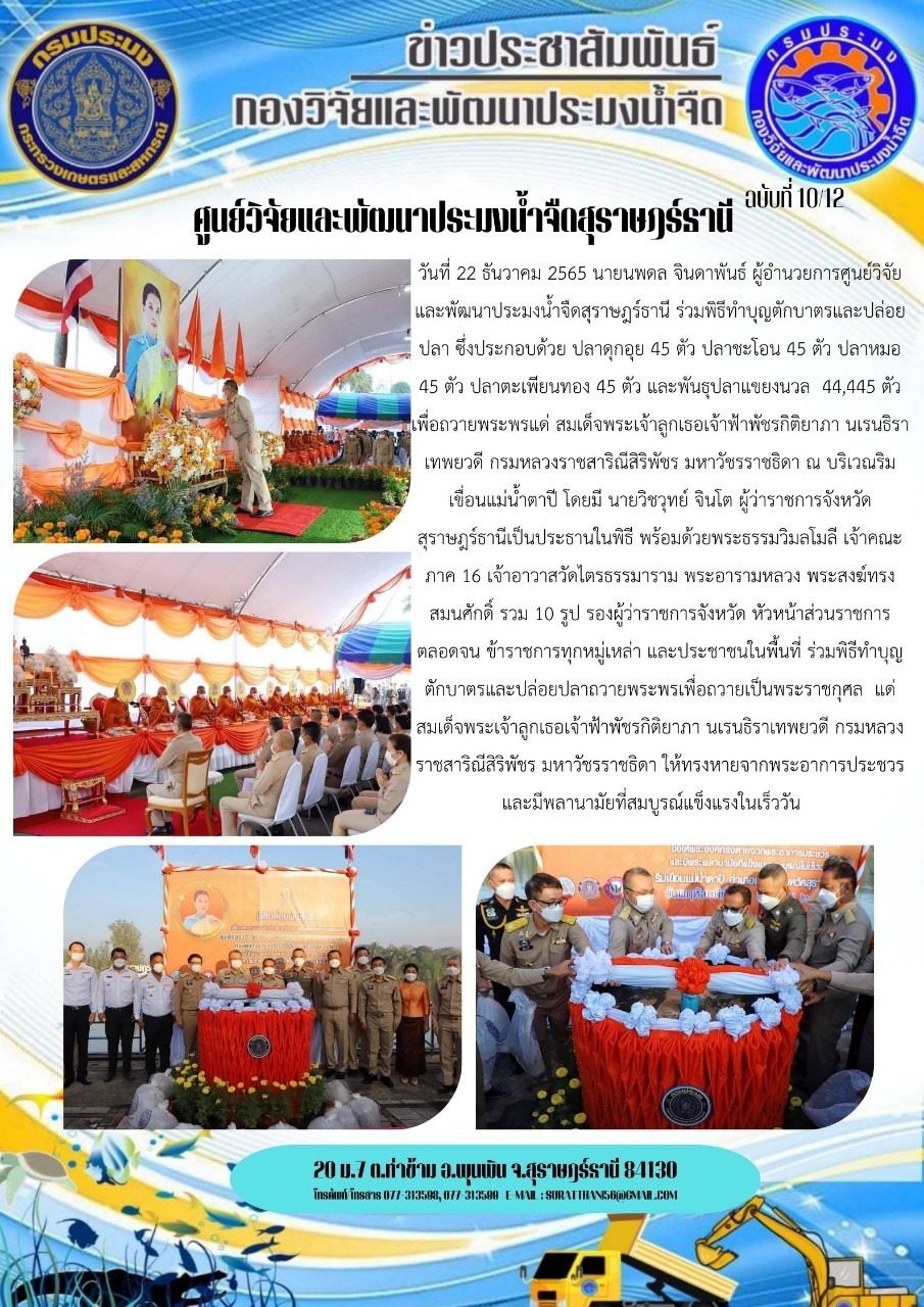 วันที่ 22 ธันวาคม 2565 นายนพดล จินดาพันธ์ ผู้อำนวยการศูนย์วิจัยและพัฒนาประมงน้ำจืดสุราษฎร์ธานี ร่วมพิธีทำบุญตักบาตรและปล่อยปลา เพื่อถวายพระพรแด่ สมเด็จพระเจ้าลูกเธอเจ้าฟ้าพัชรกิติยาภา นเรนธิราเทพยวดี กรมหลวงราชสาริณีสิริพัชร มหาวัชรราชธิดา ณ บริเวณริมเขื่อนแม่น้ำตาปี