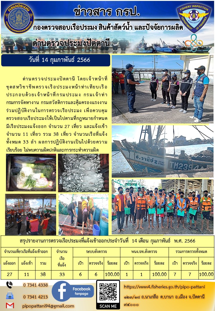 ข่าวสารการปฏิบัติงาน ด่านตรวจประมงปัตตานี วันที่ 14 กุมภาพันธ์ 66