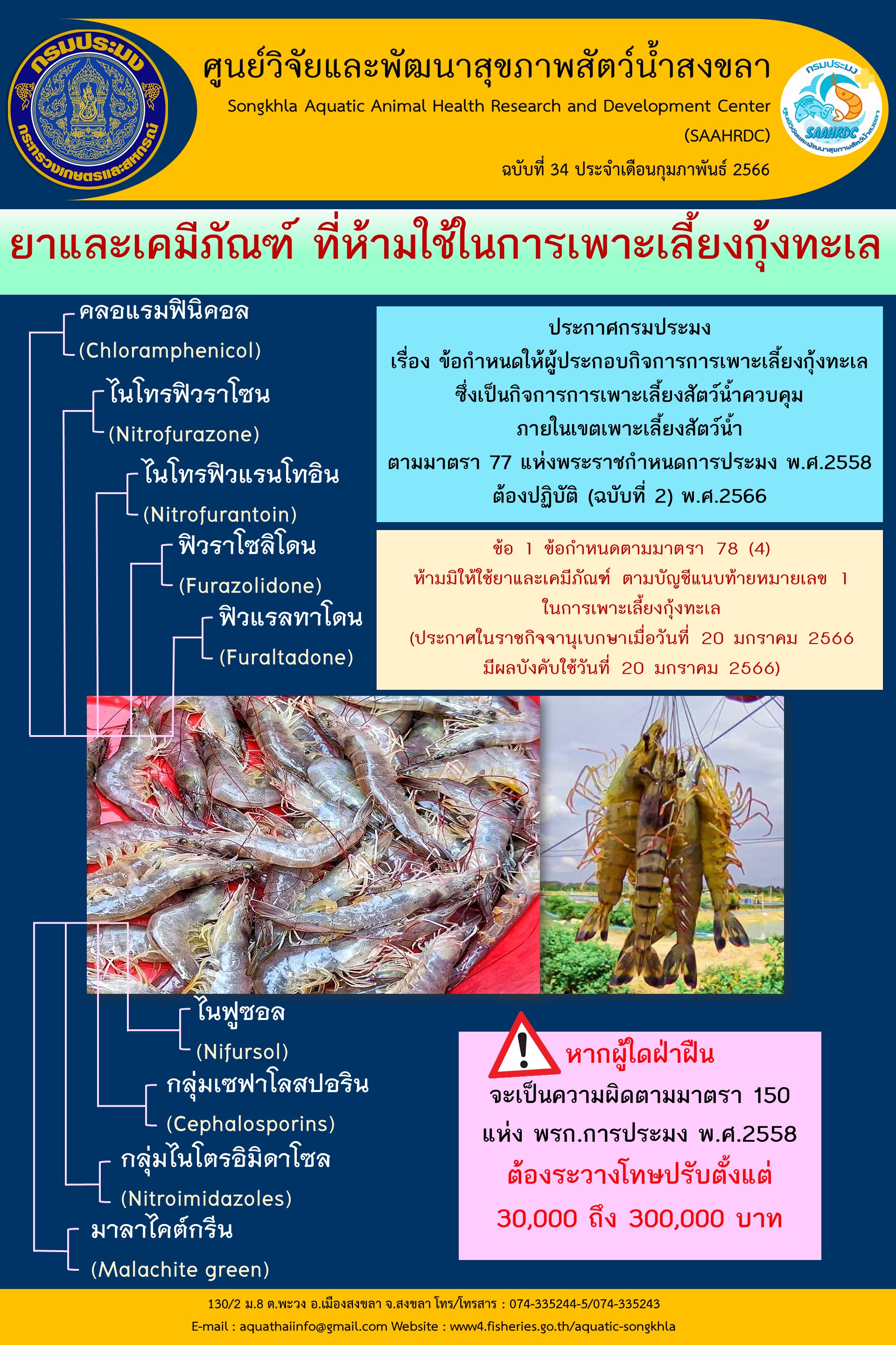 ฉบับที่ 34/66 ยาและเคมีภัณฑ์ ที่ห้ามใช้ในการเพาะเลี้ยงกุ้งทะเล..คลิก
