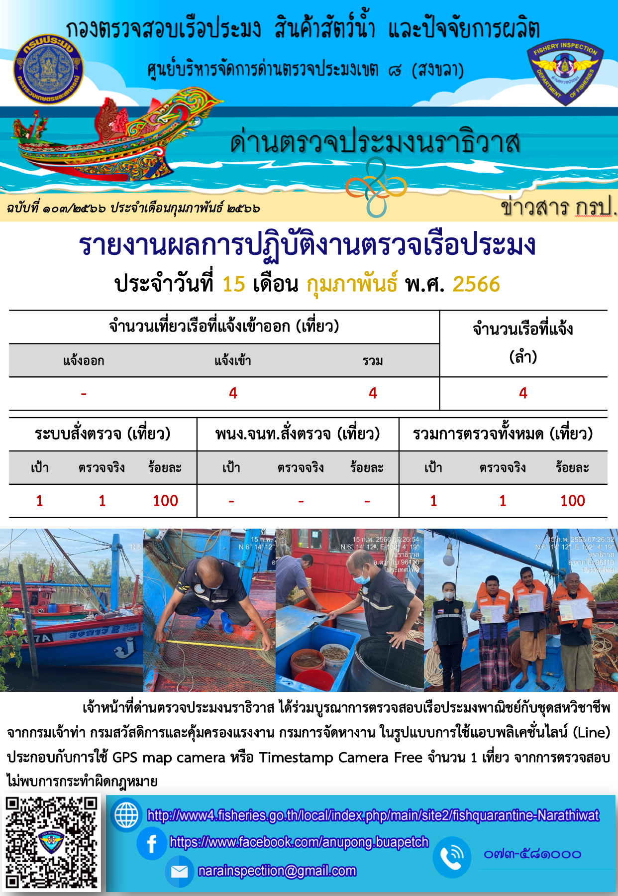 ประชาสัมพันธ์ด่านตรวจประมงนราธิวาส ประจำวันที่ 15 กุมภาพันธ์ 2566..คลิก