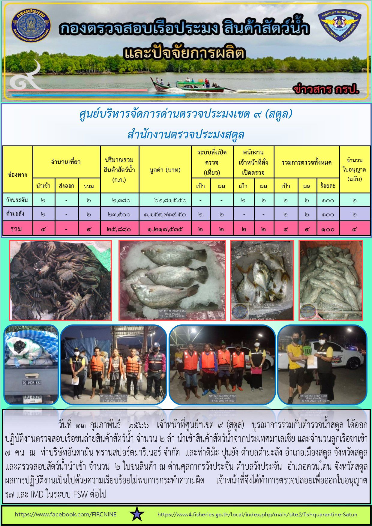 ประชาสัมพันธ์การปฏิบัติงานศูนย์บริหารจัดการด่านตรวจประมงเขต 9(สตูล) ประจำวันที่ 11-15 กุมภาพันธ์ 2566..คลิก