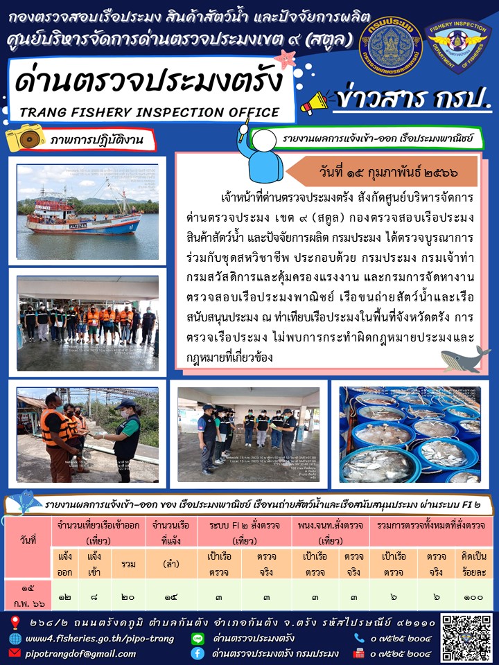 ประชาสัมพันธ์การปฏิบัติงานด่านตรวจประมงตรัง..คลิก