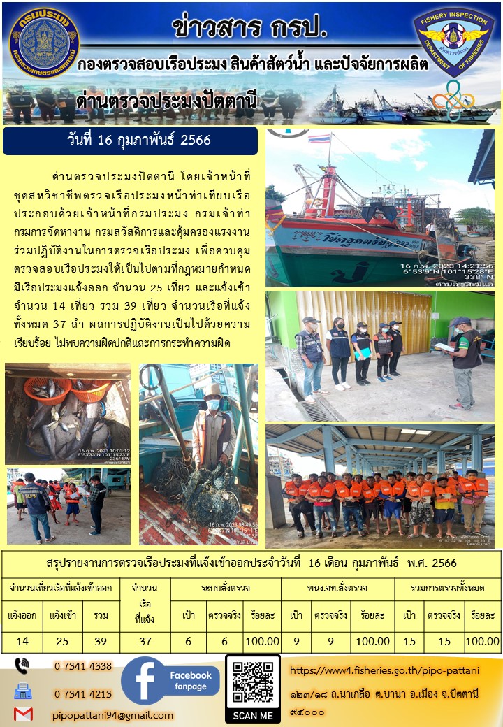 ข่าวสารการปฏิบัติงาน ด่านตรวจประมงปัตตานี วันที่ 16 กุมภาพันธ์ 66