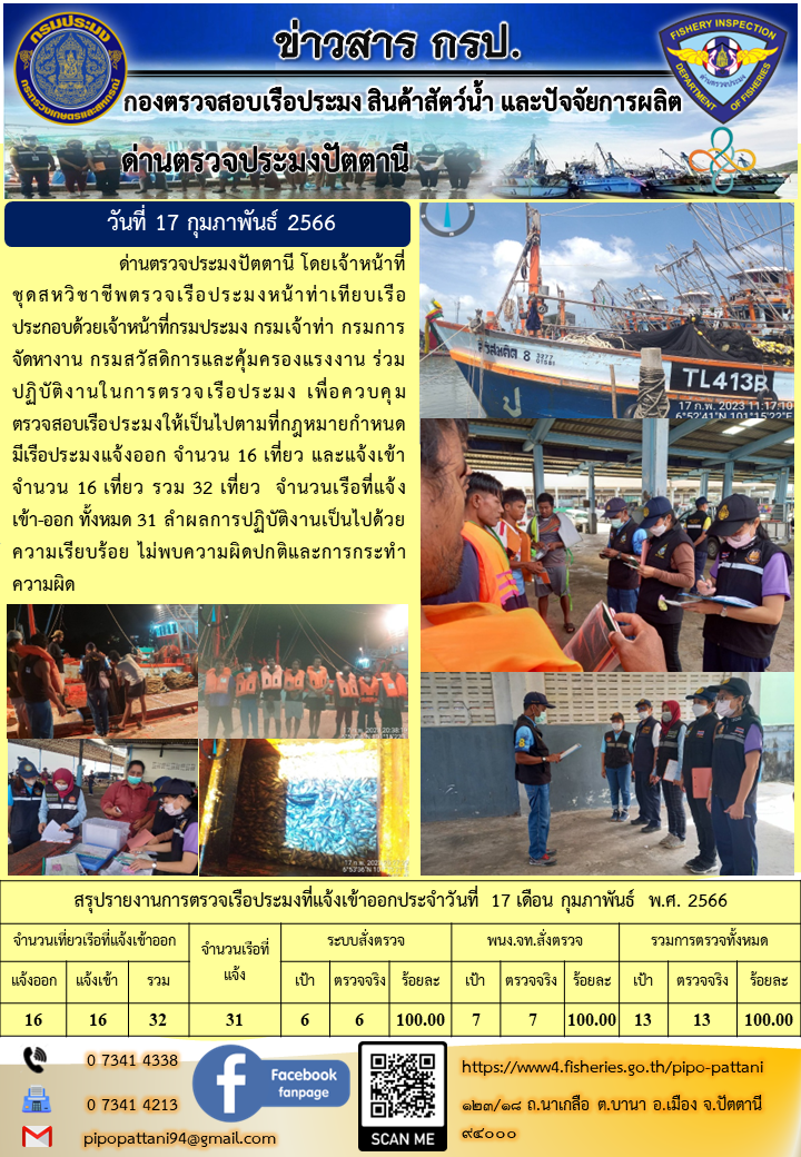 ข่าวสารการปฏิบัติงาน ด่านตรวจประมงปัตตานี วันที่ 17 กุมภาพันธ์ 66