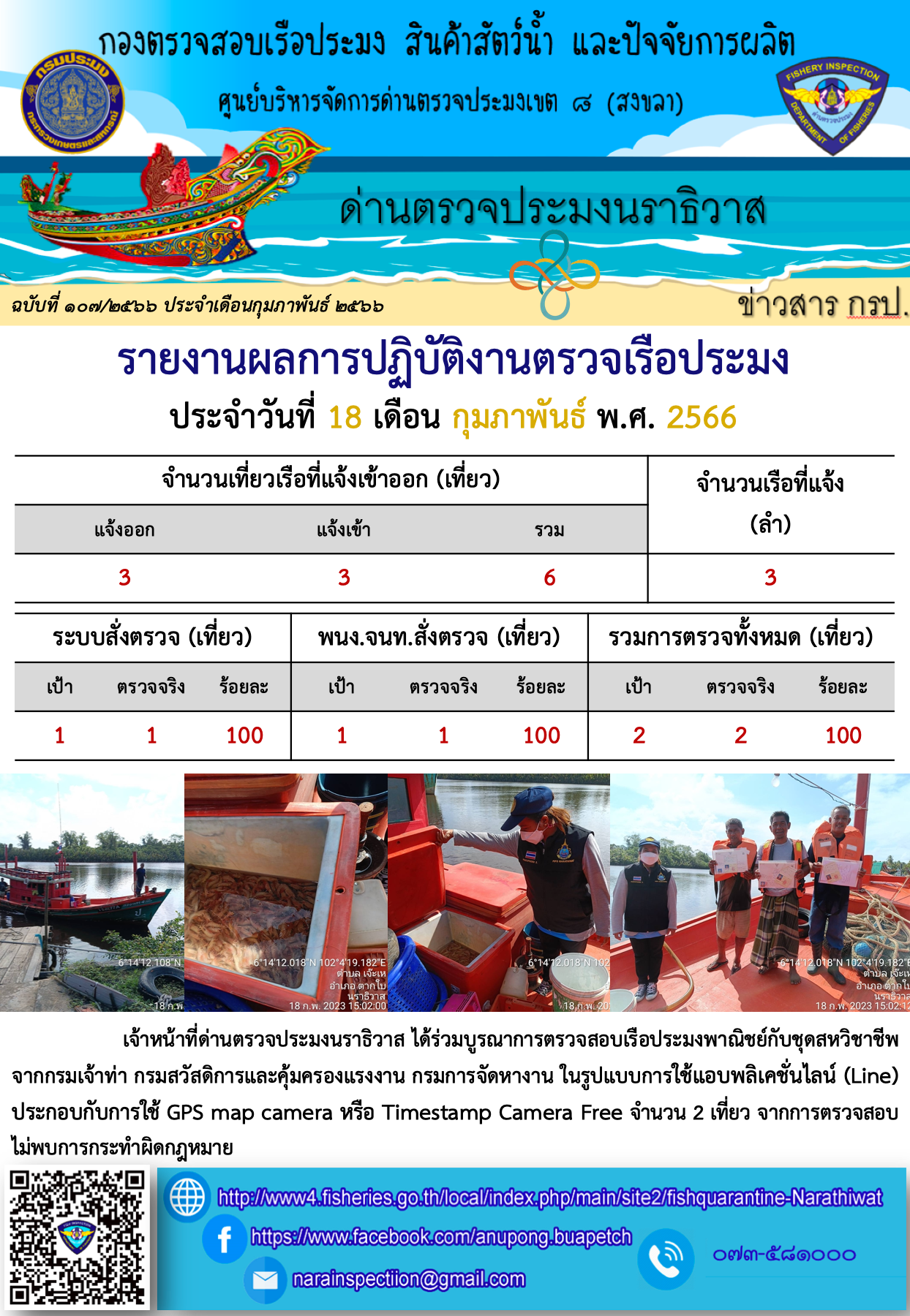 ประชาสัมพันธ์ด่านตรวจประมงนราธิวาส ประจำวันที่ 18 กุมภาพันธ์ 2566..คลิก