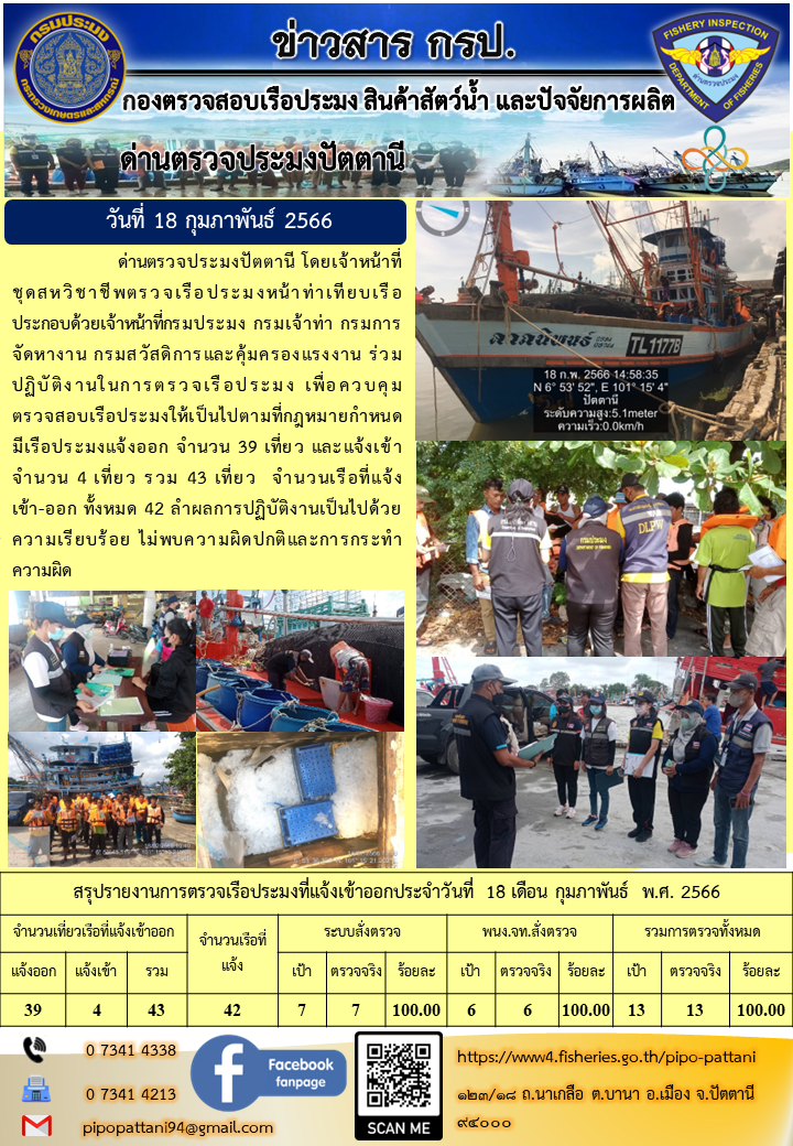 ข่าวสารการปฏิบัติงาน ด่านตรวจประมงปัตตานี วันที่ 18 กุมภาพันธ์ 66