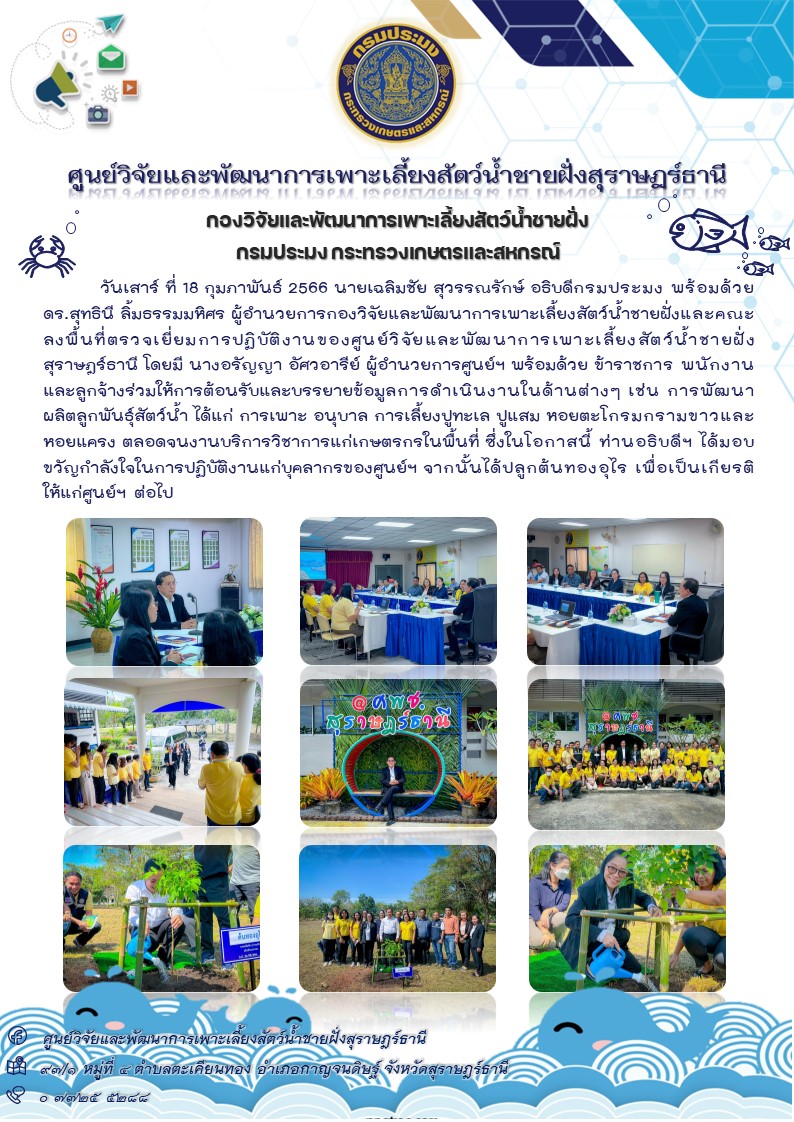 นายเฉลิมชัย สุวรรณรักษ์ อธิบดีกรมประมง พร้อมด้วย  ดร.สุทธินี ลิ้มธรรมมหิศร ผู้อำนวยการกองวิจัยและพัฒนาการเพาะเลี้ยงสัตว์น้ำชายฝั่งและคณะ ลงพื้นที่ตรวจเยี่ยมการปฏิบัติงานของศูนย์วิจัยและพัฒนาการเพาะเลี้ยงสัตว์น้ำชายฝั่ง  สุราษฎร์ธานี