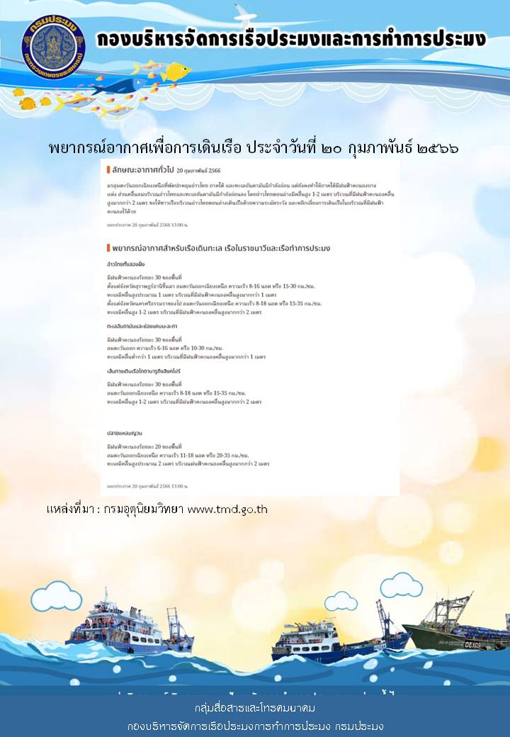 พยากรณ์อากาศเพื่อการเดินเรือ ประจำวันที่ 20 กุมภาพันธ์ 2566..คลิก