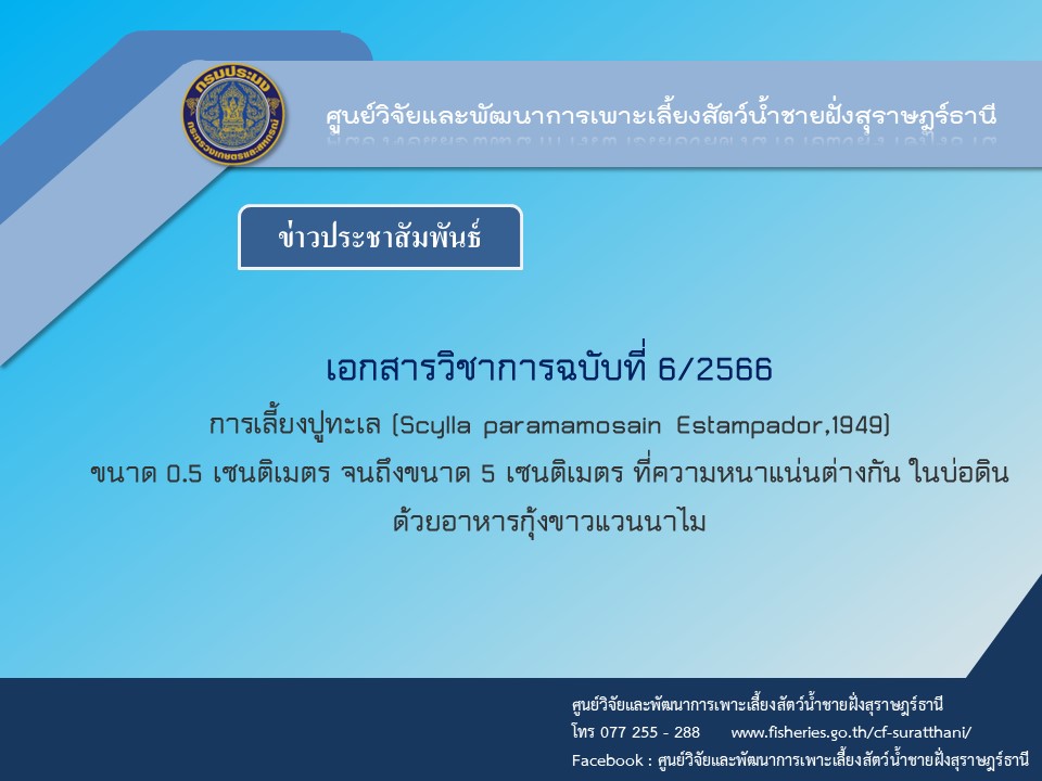 การเลี้ยงปูทะเล (Scylla paramamosain Estampador,1949) ขนาด 0.5 เซนติเมตร จนถึงขนาด 5 เซนติเมตร ที่ความหนาแน่นต่างกัน ในบ่อดินด้วยอาหารกุ้งขาวแวนนาไม