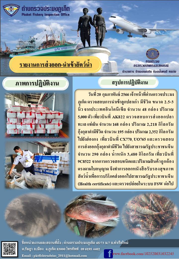 วันที่ 20 กุมภาพันธ์ 2566 เจ้าหน้าที่ด่านตรวจประมงภูเก็ต ตรวจสอบการนำเข้าปลาเก๋า มีชีวิต ขนาด 2.5 - 3 นิ้ว จากประเทศอินโดนีเซีย จำนวน 48 กล่อง ปริมาณ 5,000 ตัว เที่ยวบินที่ AK822 ตรวจสอบการส่งออกปลาทะเล แช่เย็น  จำนวน 168 กล่อง ปริมาณ 2,218 กิโลกรัม กุ้งกุลาดำมีชีวิต จำนวน 195 กล่อง ปริมาณ 2,352 กิโลกรัม ไปยังฮ่องกง เที่ยวบินที่ CX770, UO765 และตรวจสอบการส่งออกกุ้งกุลาดำมีชีวิต ไปยังสาธารณรัฐประชาชนจีน จำนวน 290 กล่อง น้ำหนัก 3,480 กิโลกรัม เที่ยวบินที่ 9C8522 จากการตรวจสอบชนิดและปริมาณสินค้าถูกต้องตรงตามใบอนุญาต จึงทำการออกหนังสือรับรองสุขภาพสัตว์น้ำเพื่อการบริโภคส่งออกไปสาธารณรัฐประชาชนจีน (Health certificate) และตรวจปล่อยในระบบ FSW ต่อไป..คลิก