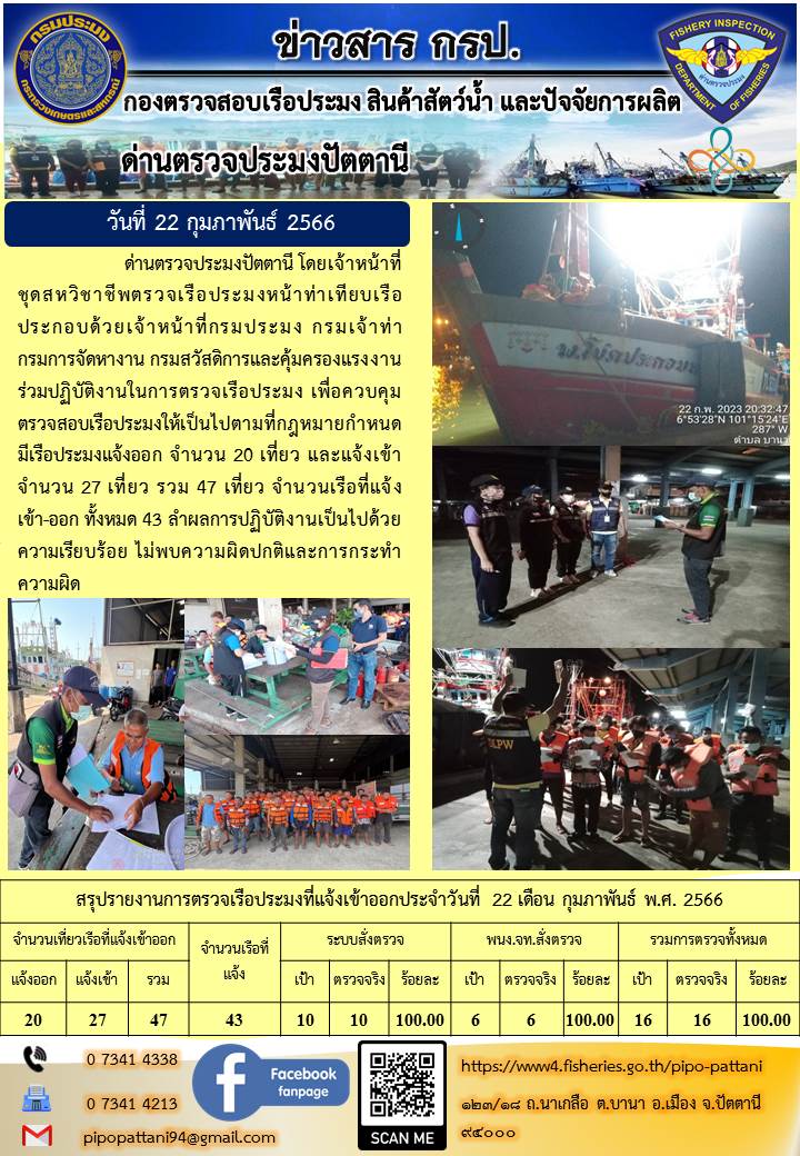 ข่าวสารการปฏิบัติงาน ด่านตรวจประมงปัตตานี วันที่ 22 กุมภาพันธ์ 2566