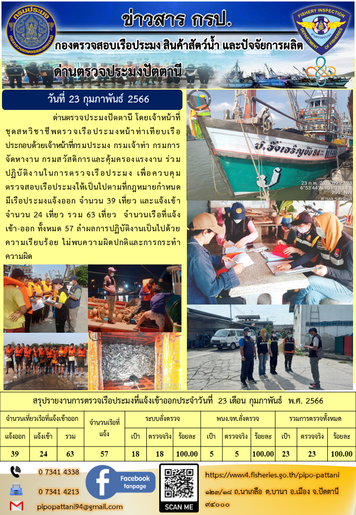 ข่าวสารการปฏิบัติงาน ด่านตรวจประมงปัตตานี วันที่ 23 กุมภาพันธ์ 2566