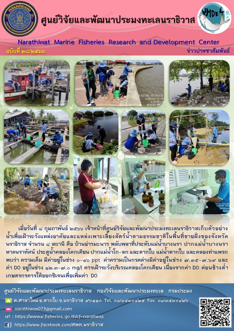 คุณภาพน้ำเพื่อเฝ้าระวังแหล่งอาศัยและแหล่งเพาะเลี้ยงสัตว์น้ำตามธรรมชาติในพื้นที่ชายฝั่งของจังหวัดนราธิวาส..คลิก