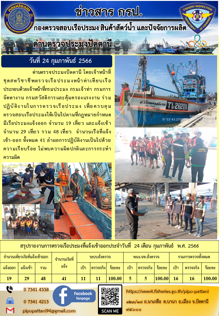 ข่าวสารการปฏิบัติงาน ด่านตรวจประมงปัตตานี วันที่ 24 กุมภาพันธ์ 2566