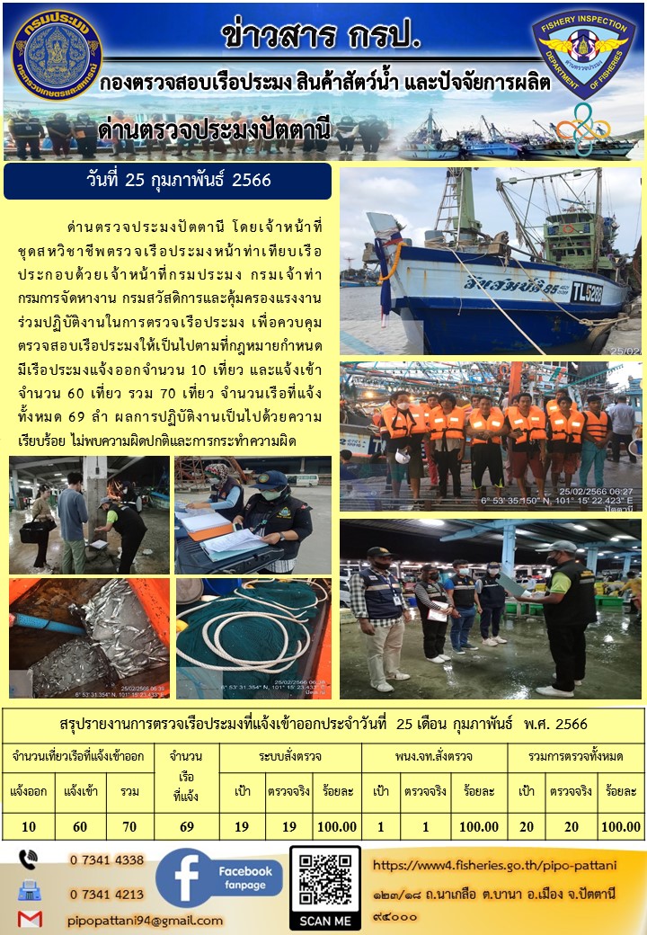 ข่าวสารการปฏิบัติงาน ด่านตรวจประมงปัตตานี วันที่ 25 กุมภาพันธ์ 2566