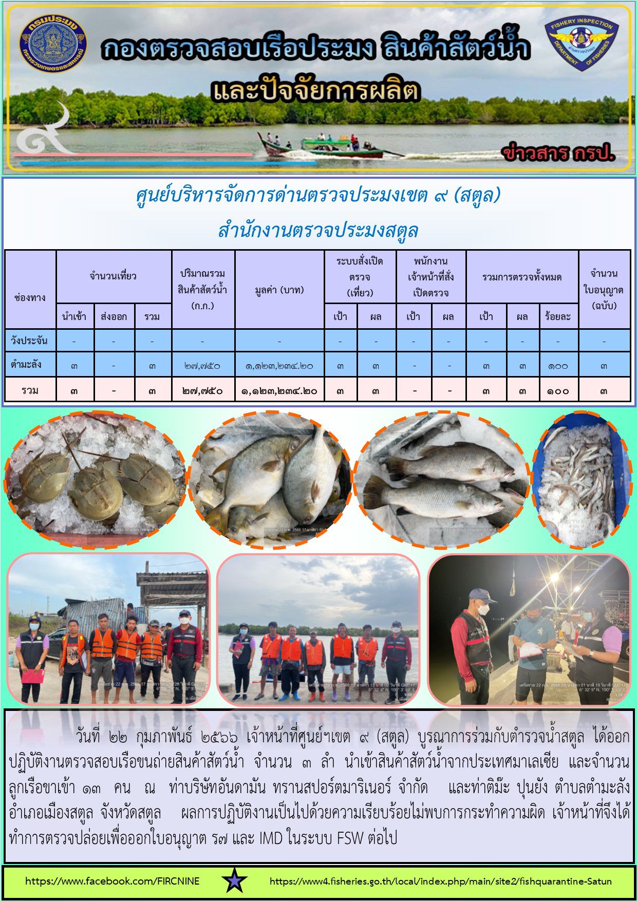 ประชาสัมพันธ์การปฏิบัติงานศูนย์บริหารจัดการด่านตรวจประมงเขต 9(สตูล) ประจำวันที่ 21-25 กุมภาพันธ์ 2566..คลิก