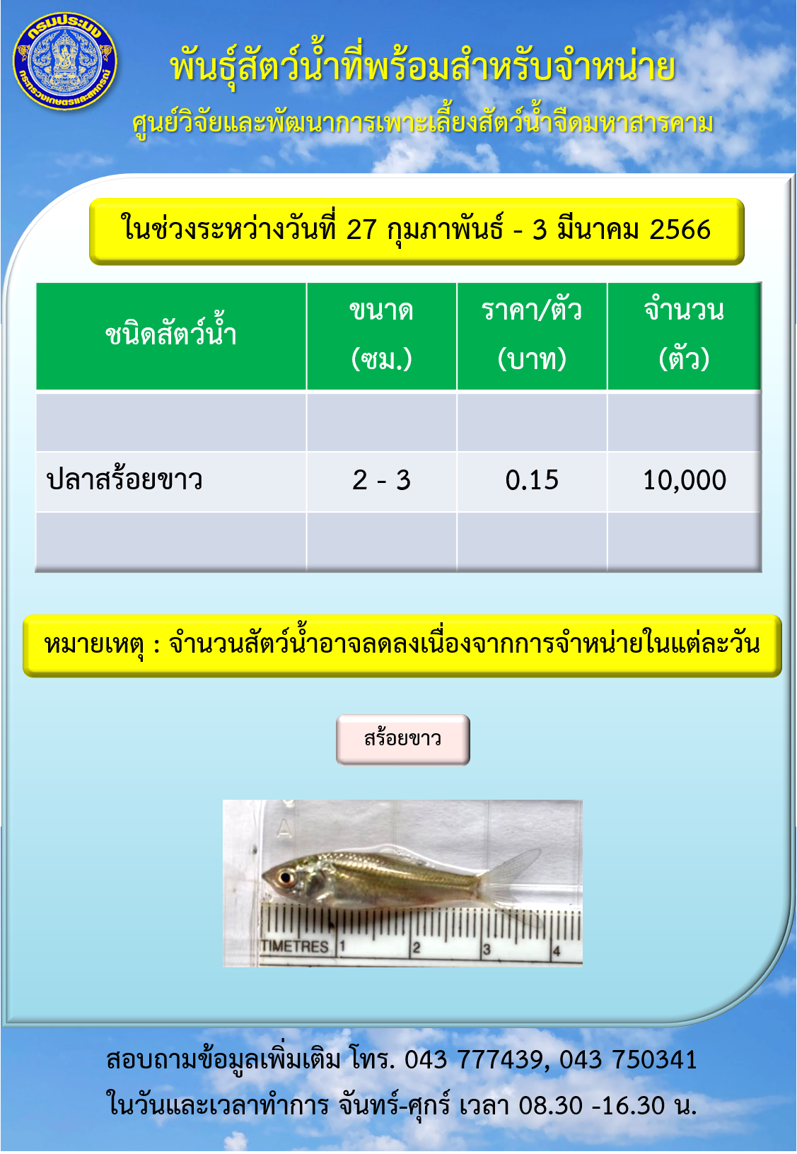 พันธุ์สัตว์น้ำที่พร้อมสำหรับจำหน่าย ในช่วงระหว่างวันที่ 27 กุมภาพันธ์ - 3 มีนาคม 2566..คลิก