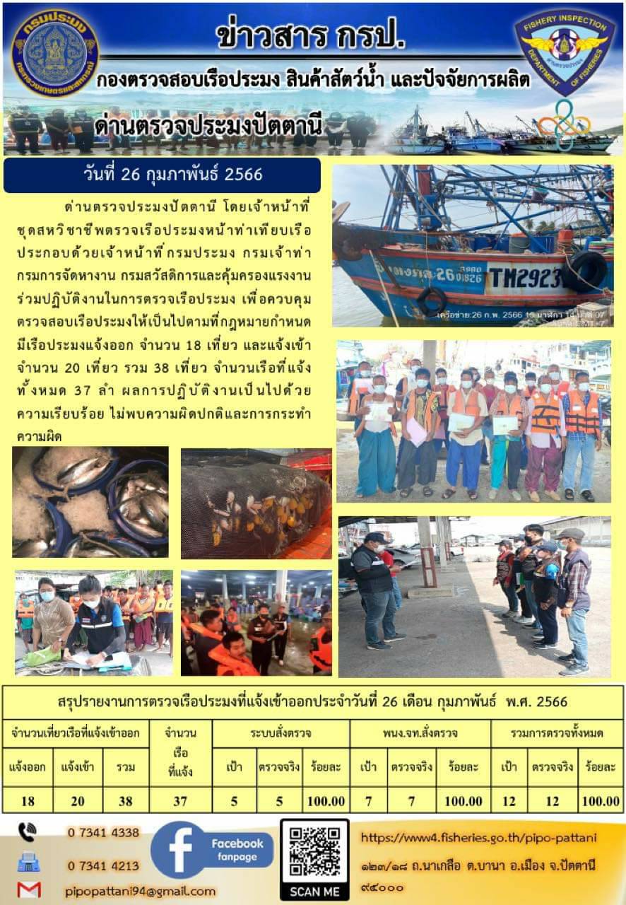 ข่าวสารการปฏิบัติงาน ด่านตรวจประมงปัตตานี วันที่ 26 กุมภาพันธ์ 2566