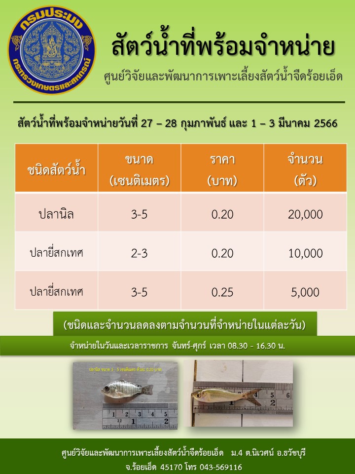 สัตว์น้ำที่พร้อมจำหน่ายวันที่ 27 – 28 กุมภาพันธ์ 2566 และวันที่ 1 – 3 มีนาคม 2566..คลิก