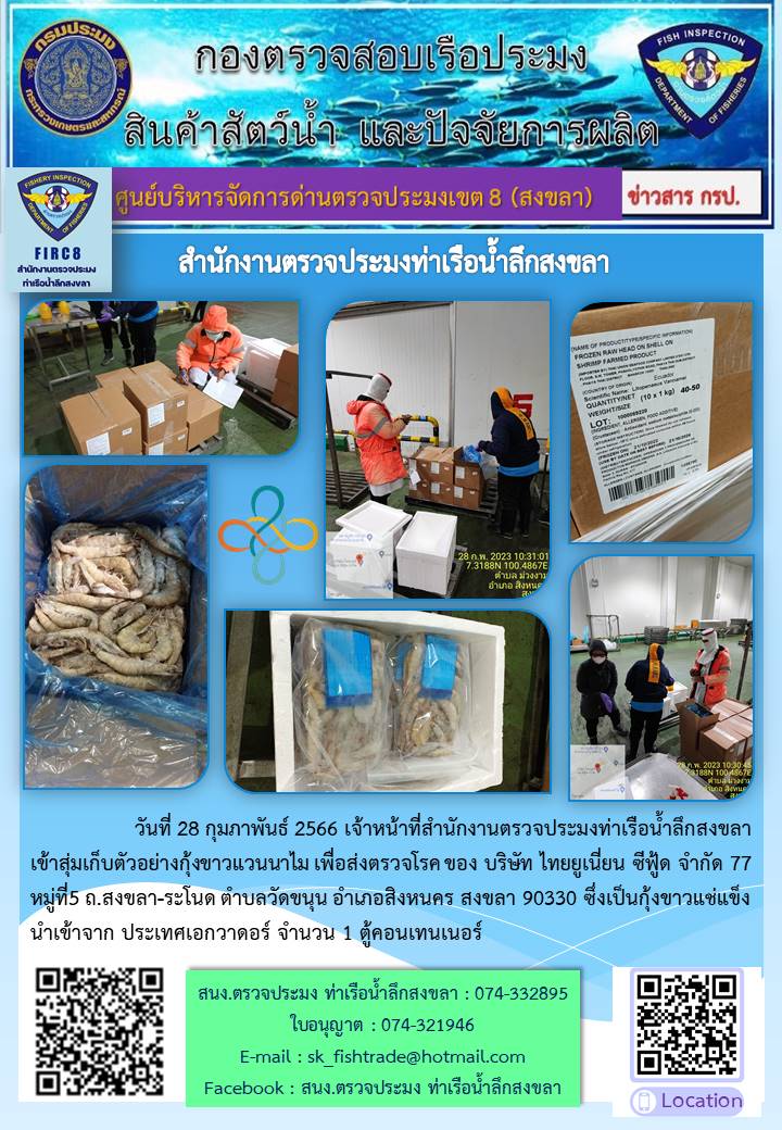 วันที่ 28 กุมภาพันธ์ 2566 เจ้าหน้าที่สำนักงานตรวจประมงท่าเรือน้ำลึกสงขลา เข้าสุ่มเก็บตัวอย่างกุ้งขาวแวนนาไม เพื่อส่งตรวจโรค ของ บริษัท ไทยยูเนี่ยน ซีฟู้ด จำกัด ซึ่งเป็นกุ้งขาวแช่แข็งนำเข้าจาก ประเทศเอกวาดอร์ จำนวน 1 ตู้คอนเทนเนอร์..คลิก