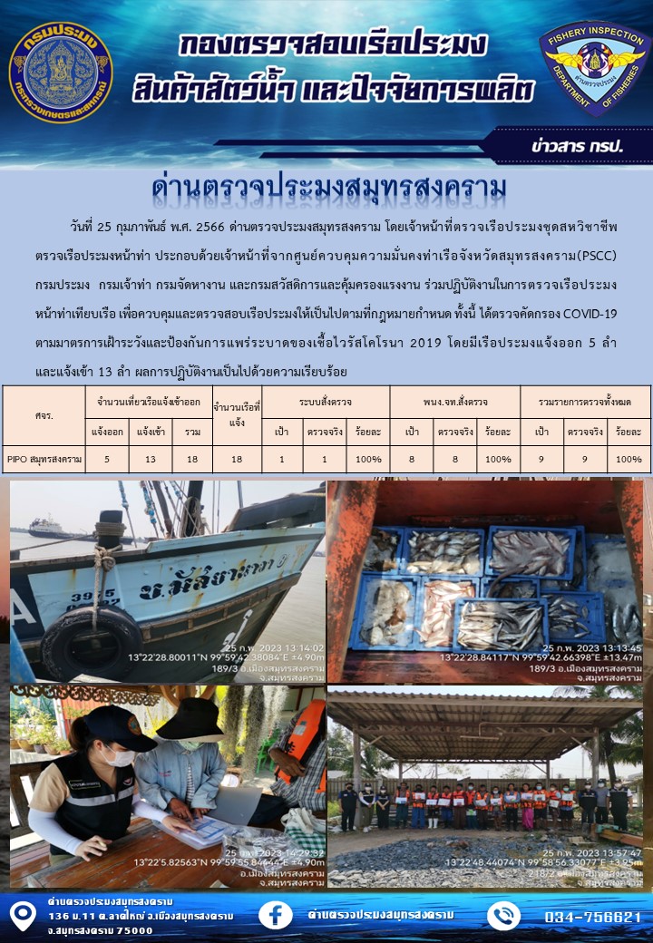 สถิติการแจ้งเข้า - ออกเรือประมงพาณิชย์ ด่านตรวจประมงสมุทรสงคราม ประจำวันที่ 25 กุมภาพันธ์ 2566..คลิก