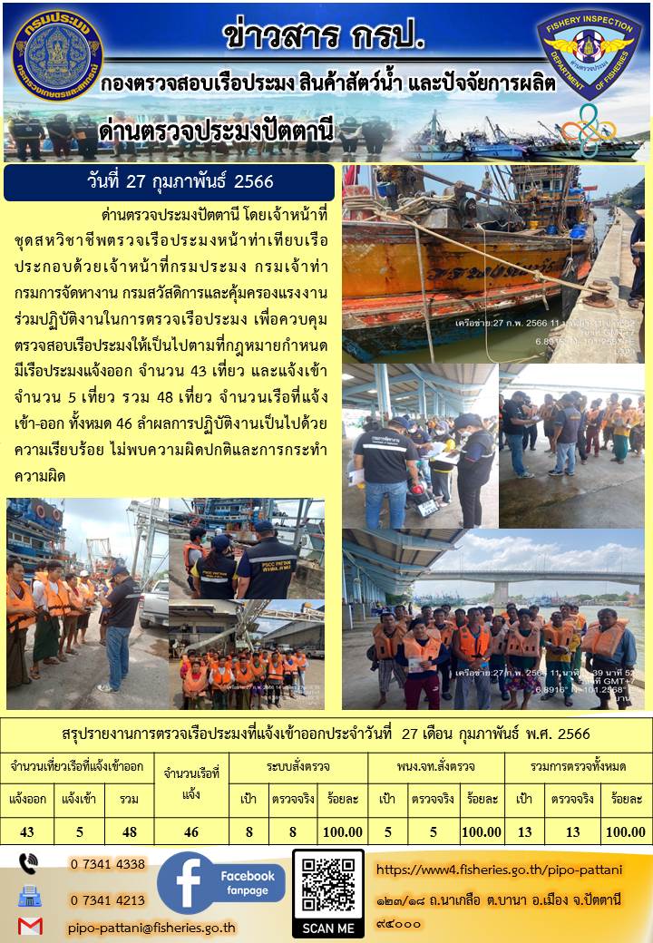 ข่าวสารการปฏิบัติงาน ด่านตรวจประมงปัตตานี วันที่ 27 กุมภาพันธ์ 2566