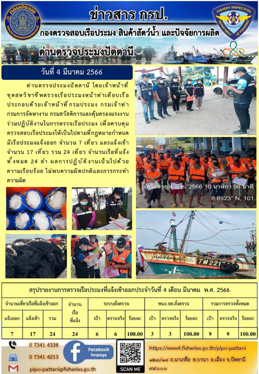 ข่าวสารการปฏิบัติงาน ด่านตรวจประมงปัตตานี วันที่ 4 มีนาคม 2566