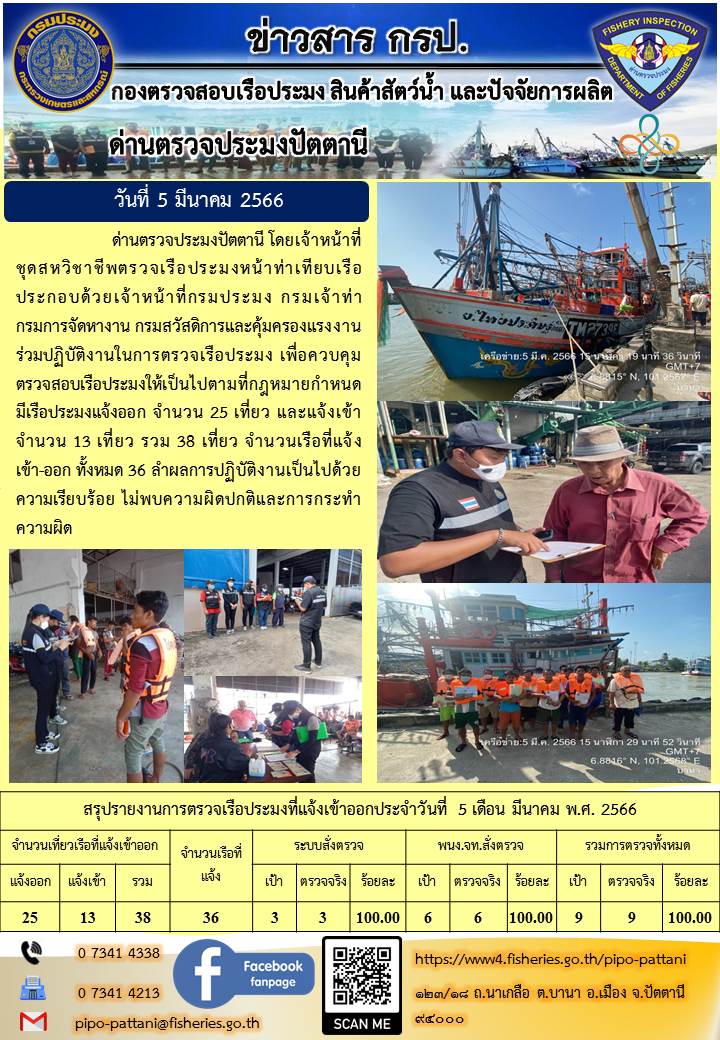 ข่าวสารการปฏิบัติงาน ด่านตรวจประมงปัตตานี วันที่ 5 มีนาคม 2566