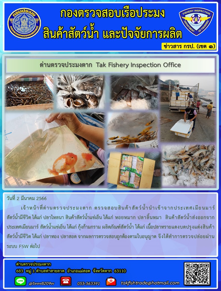 วันที่ 6 มีนาคม 2566    เจ้าหน้าที่ด่านตรวจประมงตาก ตรวจสอบสินค้าสัตว์น้ำนำเข้าจากประเทศเมียนมาร์  สัตว์น้ำมีชีวิต ได้แก่ ปลาตูหนา หอยแครง สินค้าสัตว์น้ำแช่เย็น ได้แก่ หอยหมาก ปลาดาบลาว ผลิตภัณฑ์สินค้าสัตว์น้ำนำเข้า ได้แก่ ปลาอินทรีย์หมักเกลือ ปลาหางไก่ตากแห้ง ได้แก่สินค้าสัตว์น้ำส่งออกจากประเทศเมียนมาร์ สัตว์น้ำแช่เย็น ได้แก่ กุ้งก้ามกราม ผลิตภัณฑ์สัตว์น้ำ ได้แก่ เนื้อปลาทรายแดงบดปรุงแต่ง จากผลการตรวจสอบถูกต้องตามใบอนุญาต จึงได้ทำการตรวจปล่อยผ่านระบบ FSW ต่อไป..คลิก