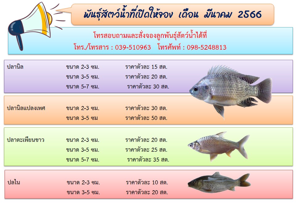 ศูนย์วิจัยและพัฒนาการเพาะเลี้ยงสัตว์น้ำจืดตราด เปิดจองพันธุ์สัตว์น้ำประจำเดือน มีนาคม 2566..คลิก