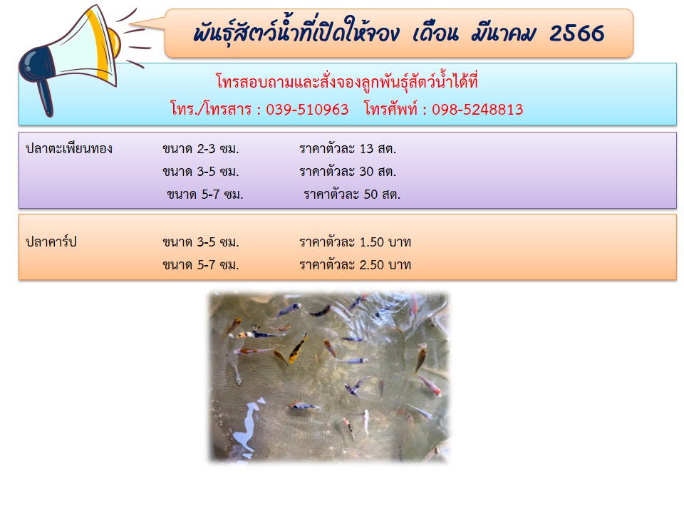 ศูนย์วิจัยและพัฒนาการเพาะเลี้ยงสัตว์น้ำจืดตราด เปิดจองพันธุ์สัตว์น้ำประจำเดือน มีนาคม 2566
