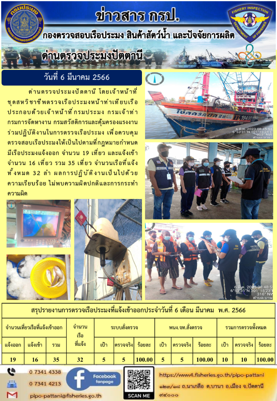 ข่าวสารการปฏิบัติงาน ด่านตรวจประมงปัตตานี วันที่ 6 มีนาคม 2566