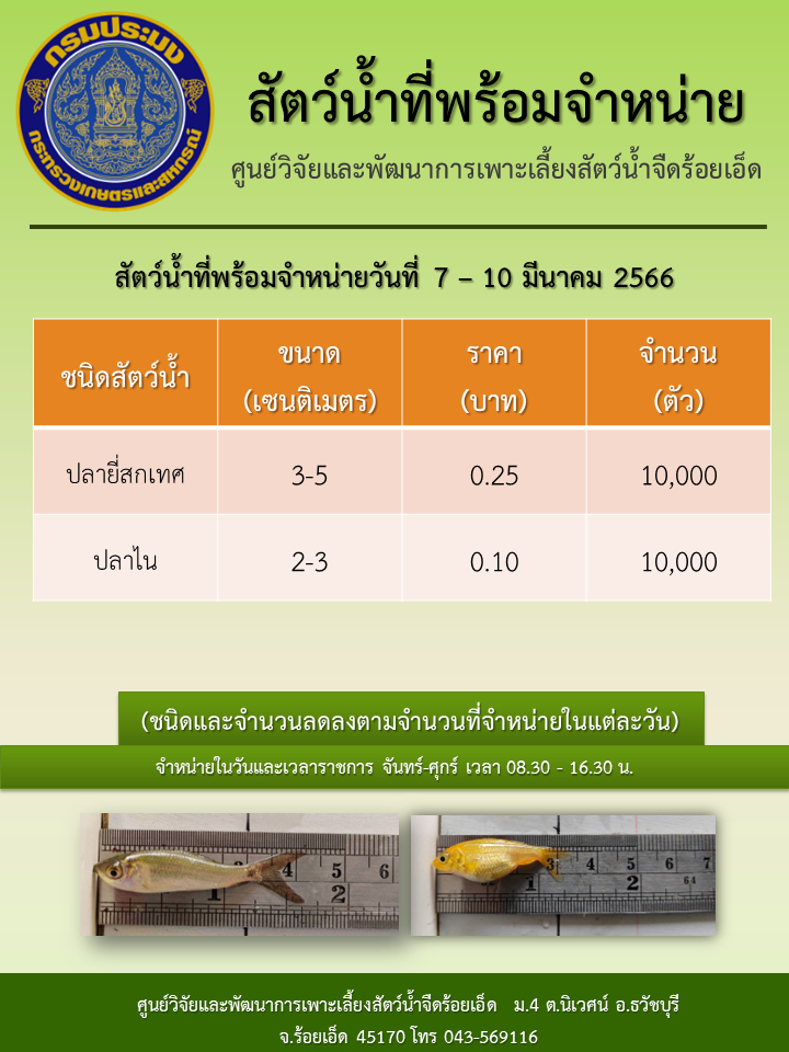 สัตว์น้ำที่พร้อมจำหน่ายวันที่ 7 – 10 มีนาคม 2566..คลิก