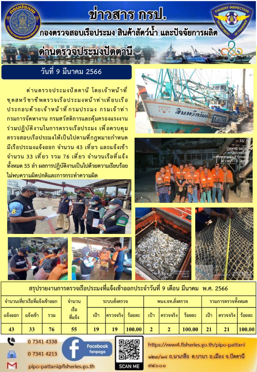 ข่าวสารการปฏิบัติงาน ด่านตรวจประมงปัตตานี วันที่ 9 มีนาคม 2566..คลิก
