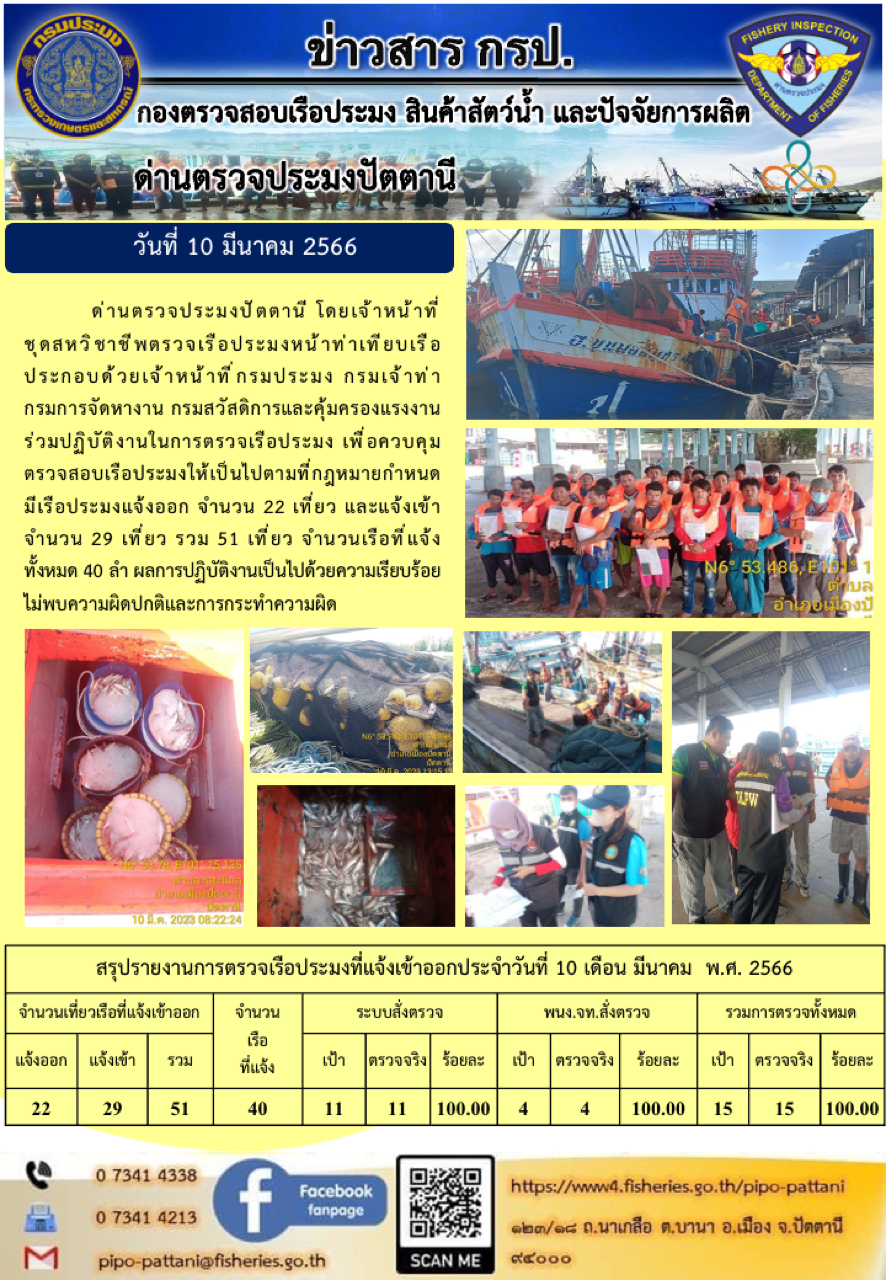 ข่าวสารการปฏิบัติงาน ด่านตรวจประมงปัตตานี วันที่ 10 มีนาคม 2566..คลิก