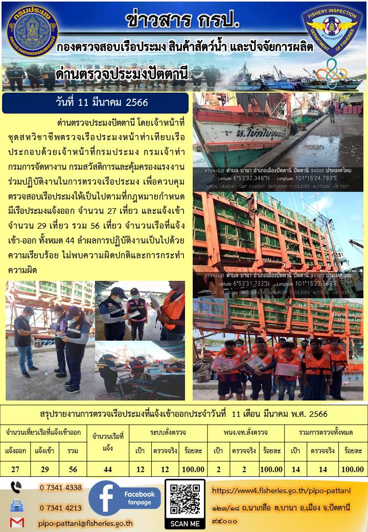 ข่าวสารการปฏิบัติงาน ด่านตรวจประมงปัตตานี วันที่ 11 มีนาคม 2566..คลิก