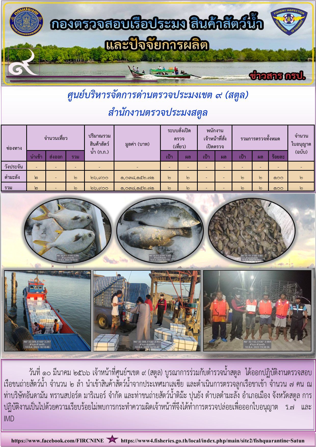ประชาสัมพันธ์การปฏิบัติงานศูนย์บริหารจัดการด่านตรวจประมงเขต 9(สตูล) ประจำวันที่ 6-10 มีนาคม 2566..คลิก