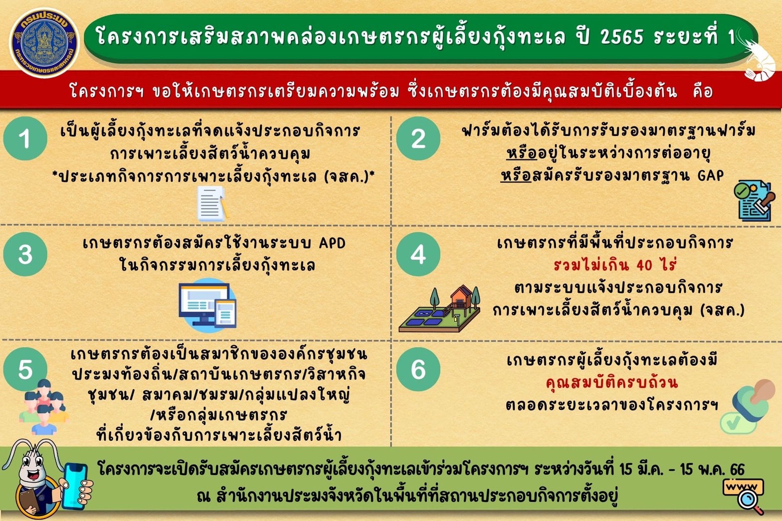 โครงการเสริมสภาพคล่องเกษตรกรผู้เลี้ยงกุ้งทะเล ปี 2565 ระยะที่ 1 สำหรับเกษตรกรในทุกพื้นที่ที่มีการเลี้ยงกุ้งทะเล