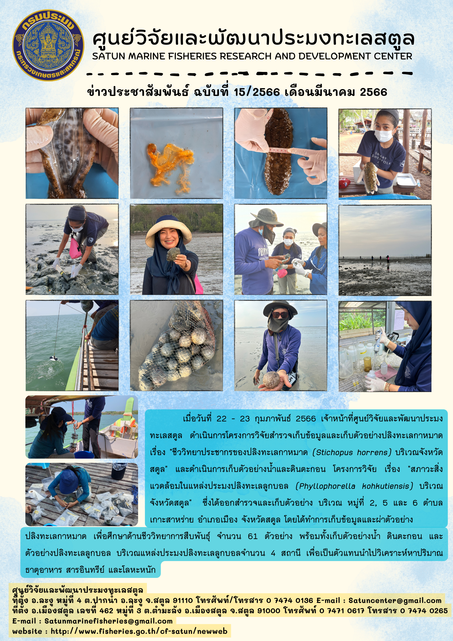 เมื่อวันที่ 22 – 23 กุมภาพันธ์ 2566 เจ้าหน้าที่ศูนย์วิจัยและพัฒนาประมงทะเลสตูล ดำเนินการโครงการวิจัยสำรวจเก็บข้อมูลและเก็บตัวอย่างปลิงทะเลกาหมาด เรื่อง “ชีววิทยาประชากรของปลิงทะเลกาหมาด (Stichopus horrens) บริเวณจังหวัดสตูล” และดำเนินการเก็บตัวอย่างน้ำและดินตะกอน โครงการวิจัย เรื่อง “สภาวะสิ่งแวดล้อมในแหล่งประมงปลิงทะเลลูกบอล (Phyllophorella kohkutiensis) บริเวณ จังหวัดสตูล” ซึ่งได้ออกสำรวจและเก็บตัวอย่าง บริเวณ หมู่ที่ 2, 5 และ 6 ตำบลเกาะสาหร่าย อำเภอเมือง จังหวัดสตูล โดยได้ทำการเก็บข้อมูลและผ่าตัวอย่าง ปลิงทะเลกาหมาด เพื่อศึกษาด้านชีววิทยาการสืบพันธุ์ จำนวน 61 ตัวอย่าง พร้อมทั้งเก็บตัวอย่างน้ำ ดินตะกอน และตัวอย่างปลิงทะเลลูกบอล บริเวณแหล่งประมงปลิงทะเลลูกบอลจำนวน 4 สถานี เพื่อเป็นตัวแทนนำไปวิเคราะห์หาปริมาณ ธาตุอาหาร สารอินทรีย์ และโลหะหนัก..คลิก