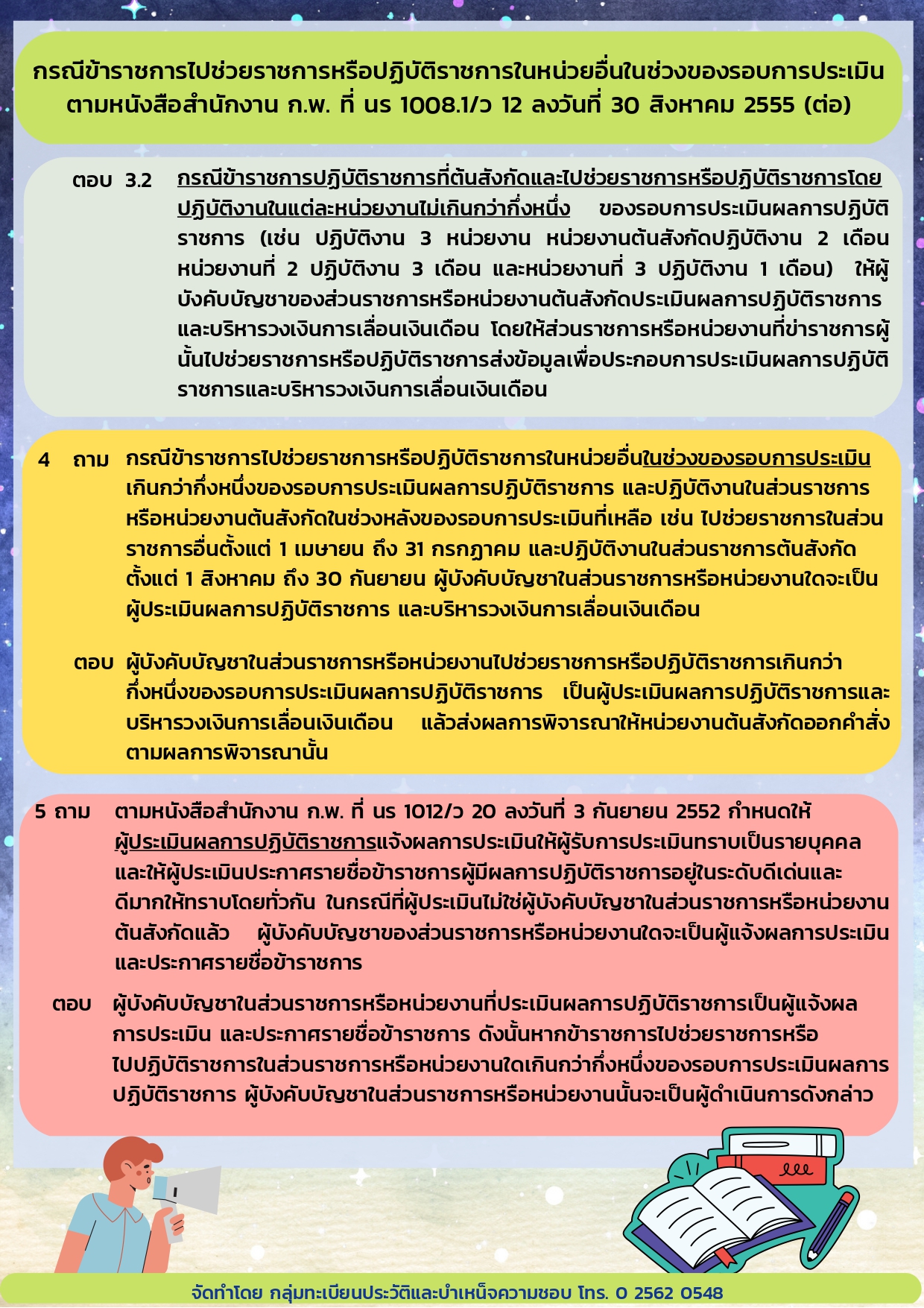 ประเด็น ถาม-ตอบ  ตามหนังสือสำนักงาน ก.พ. ที่ นร 1008.1/ว 12 ลงวันที่ 30 สิงหาคม 2555 กรณี ข้าราชการไปช่วยราชการหรือปฏิบัติราชการในหน่วยอื่นในช่วงของรอบการประเมิน..คลิก