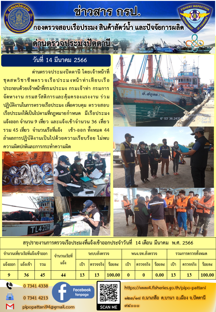 ข่าวสารการปฏิบัติงาน ด่านตรวจประมงปัตตานี วันที่ 14 มีนาคม 2566..คลิก